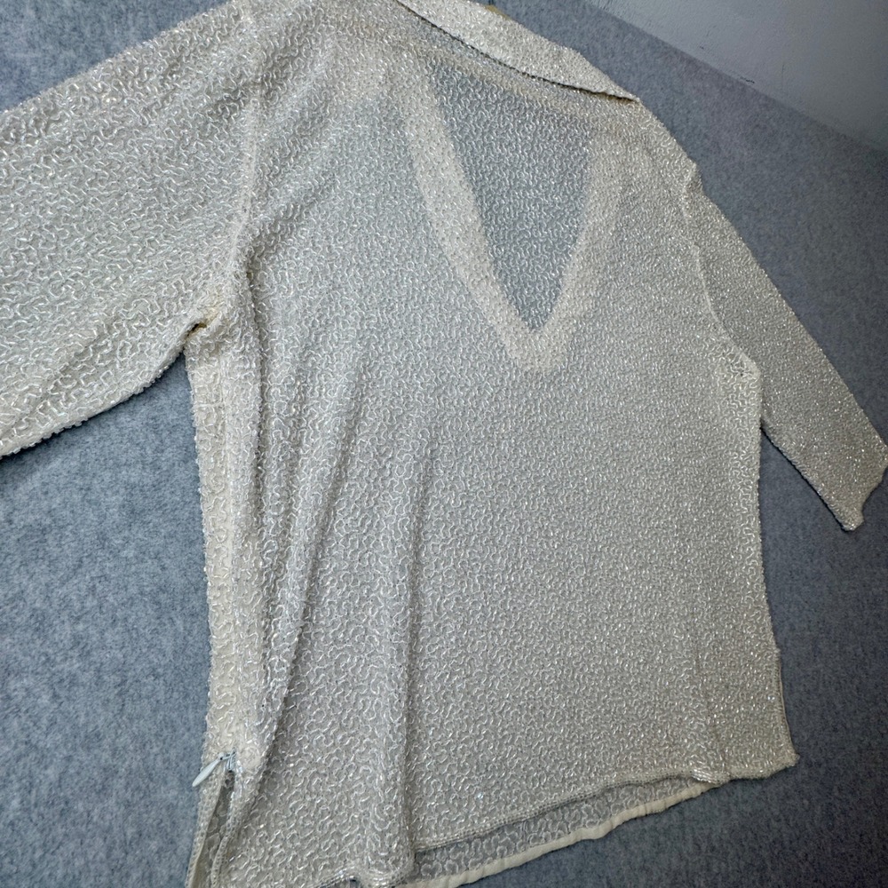 Emma Black Ivory‎ Silk Beaded V Neck Blouse Top Womens 6 Evening Sheer